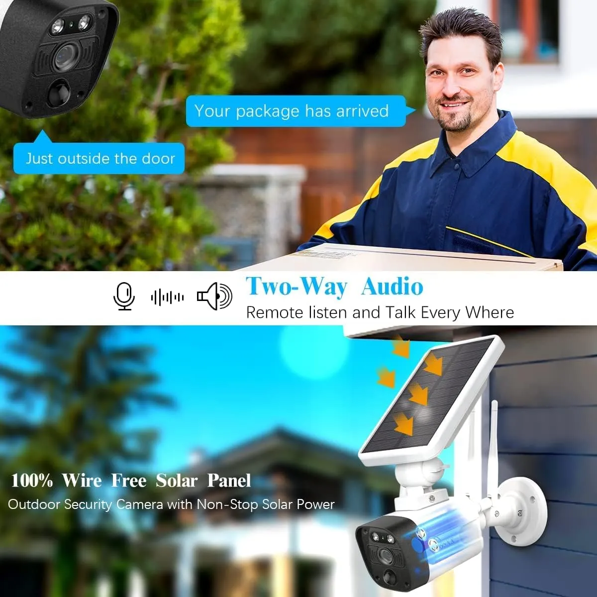 (100% Wire-Free Wireless Solar Cameras) 2-Way Audio 2-Antennas Enhance Battery Outdoor Wireless Security Camera System