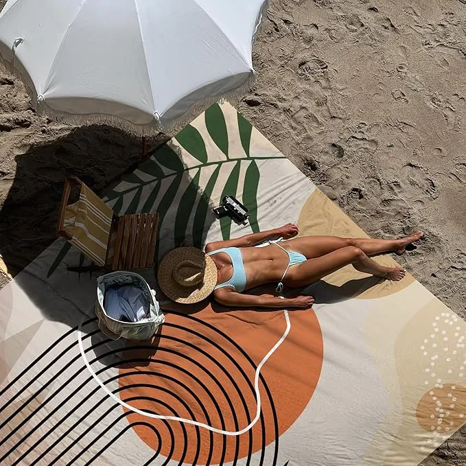 110''×118'' Large Sandproof Beach Blanket for 4-8 Adults, Waterproof Sand Free Beach Mat with 4 Stakes, Polyester Lightweight Boho Outdoor Travel Mat for Picnic, Travel, Camping, Hiking