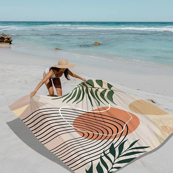 110''×118'' Large Sandproof Beach Blanket for 4-8 Adults, Waterproof Sand Free Beach Mat with 4 Stakes, Polyester Lightweight Boho Outdoor Travel Mat for Picnic, Travel, Camping, Hiking