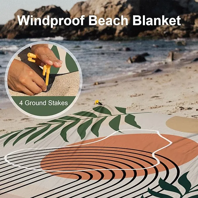 110''×118'' Large Sandproof Beach Blanket for 4-8 Adults, Waterproof Sand Free Beach Mat with 4 Stakes, Polyester Lightweight Boho Outdoor Travel Mat for Picnic, Travel, Camping, Hiking