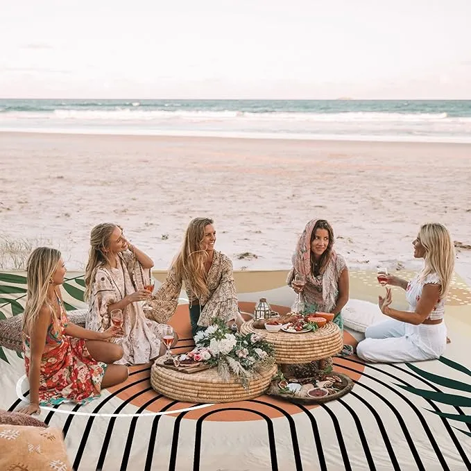 110''×118'' Large Sandproof Beach Blanket for 4-8 Adults, Waterproof Sand Free Beach Mat with 4 Stakes, Polyester Lightweight Boho Outdoor Travel Mat for Picnic, Travel, Camping, Hiking
