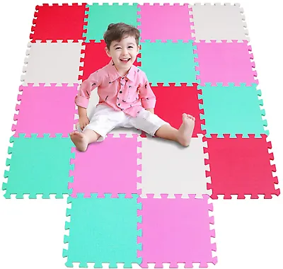 16 Interlocking Montessori Thick Foam Play Mats | Jigsaw Mats for Baby Playpens and Playrooms | Grey, Pink & White