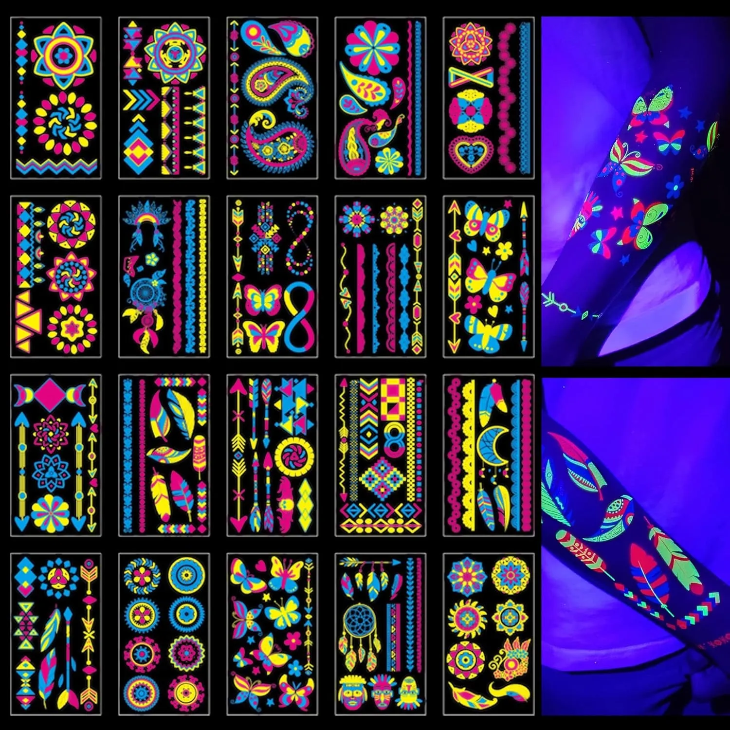 20 Sheet Glow in the Dark Temporary Tattoos 160 Styles Blacklight UV Neon Body Face Paint,Fake Tattoo Stickers for Women,Adult, Rave Festival Accessory Decorations,Glow in the Dark Party Supplies