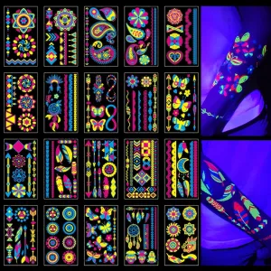 20 Sheet Glow in the Dark Temporary Tattoos 160 Styles Blacklight UV Neon Body Face Paint,Fake Tattoo Stickers for Women,Adult, Rave Festival Accessory Decorations,Glow in the Dark Party Supplies