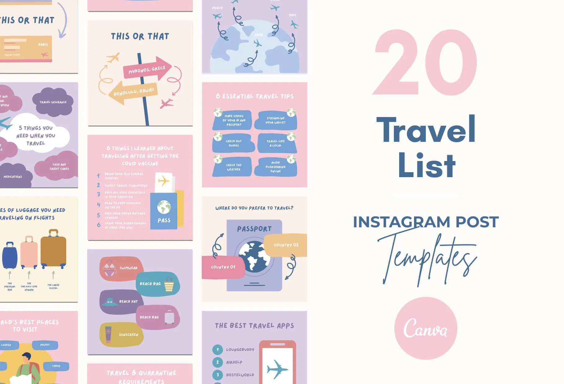 20 Travel Lists Instagram Posts Fully Editable Canva Templates