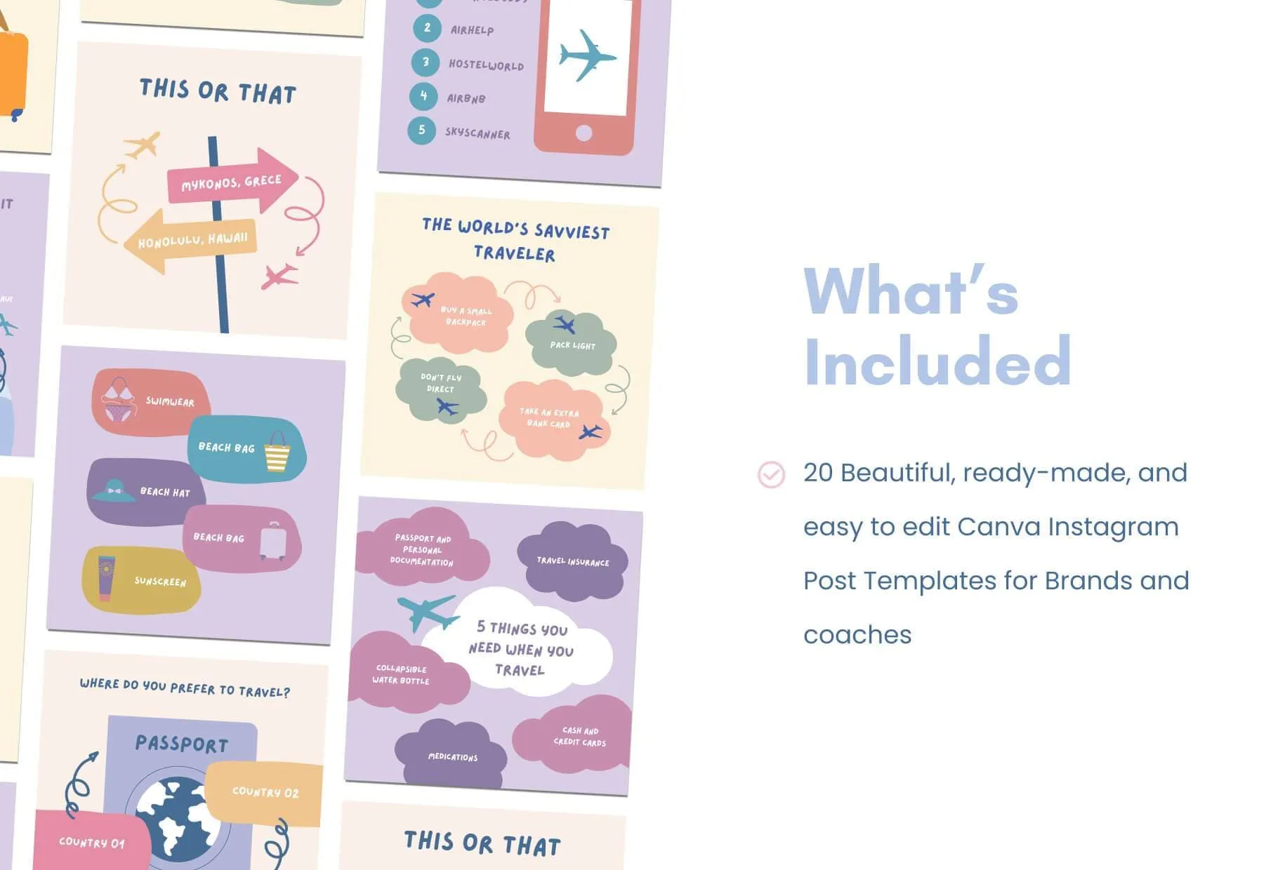 20 Travel Lists Instagram Posts Fully Editable Canva Templates