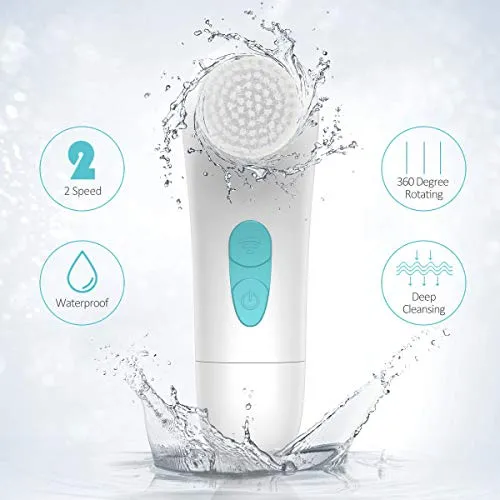 【2020 Upgraded】ETEREAUTY Facial Cleansing Brush, Waterproof Face Brush with 4 Brush Heads and a Protective Travel Case - Deep Cleansing, Gentle Exfoliating, Removing Blackhead for Face and Body, Cyan
