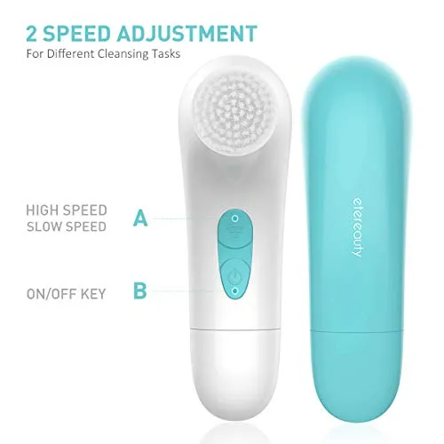 【2020 Upgraded】ETEREAUTY Facial Cleansing Brush, Waterproof Face Brush with 4 Brush Heads and a Protective Travel Case - Deep Cleansing, Gentle Exfoliating, Removing Blackhead for Face and Body, Cyan