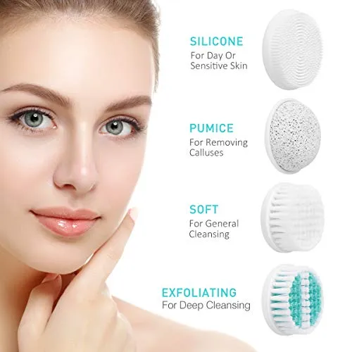 【2020 Upgraded】ETEREAUTY Facial Cleansing Brush, Waterproof Face Brush with 4 Brush Heads and a Protective Travel Case - Deep Cleansing, Gentle Exfoliating, Removing Blackhead for Face and Body, Cyan