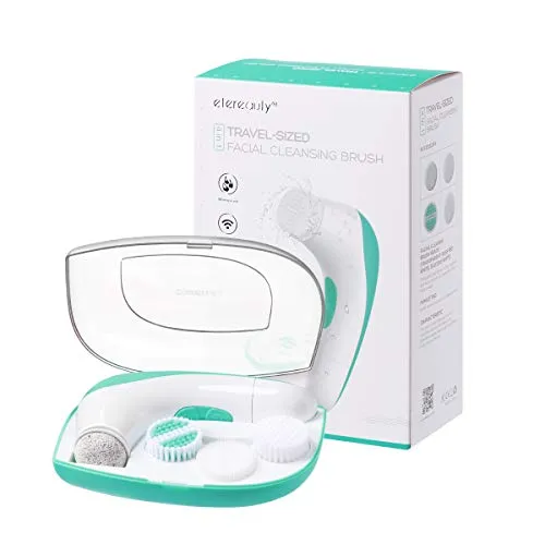 【2020 Upgraded】ETEREAUTY Facial Cleansing Brush, Waterproof Face Brush with 4 Brush Heads and a Protective Travel Case - Deep Cleansing, Gentle Exfoliating, Removing Blackhead for Face and Body, Cyan