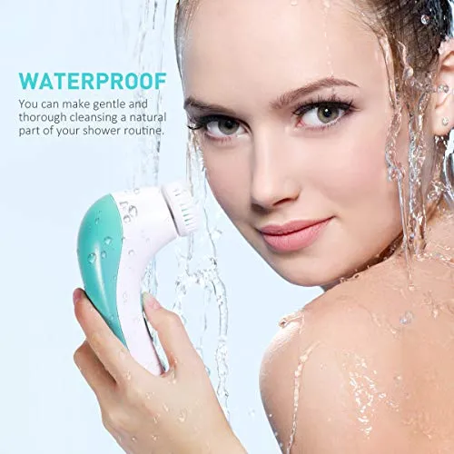 【2020 Upgraded】ETEREAUTY Facial Cleansing Brush, Waterproof Face Brush with 4 Brush Heads and a Protective Travel Case - Deep Cleansing, Gentle Exfoliating, Removing Blackhead for Face and Body, Cyan