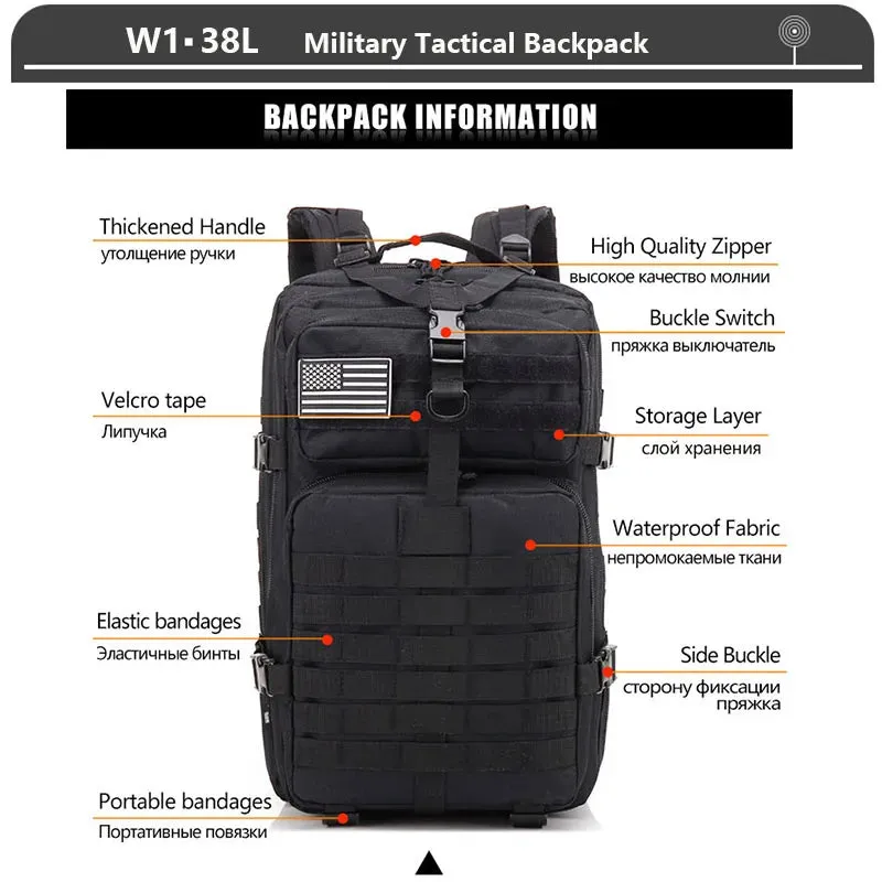 38/45L Waterproof Military Tactical Backpack For Hiking Camping Travel