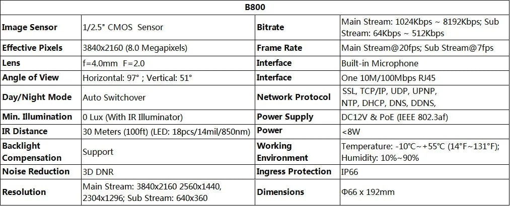 4K ip camera PoE outdoor nightvision IP66 waterproof audio bullet 8MP security camera B800