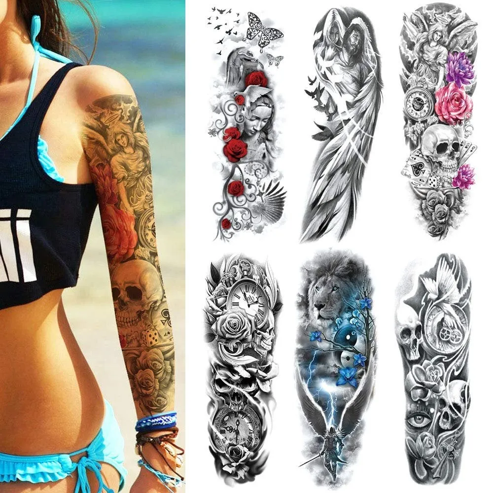 6 Full Arm 6 x 18" Sheets Waterproof Fake Tattoo Temporary Realistic Waterproof Full Arm Fake Tattoo Totems Can Also Use for DIY Crafting