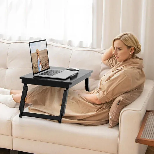 Adjustable Bamboo Laptop Desk with Tilting Top and Drawer-Brown - Color: Brown
