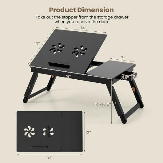 Adjustable Bamboo Laptop Desk with Tilting Top and Drawer-Brown - Color: Brown