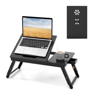 Adjustable Bamboo Laptop Desk with Tilting Top and Drawer-Brown - Color: Brown