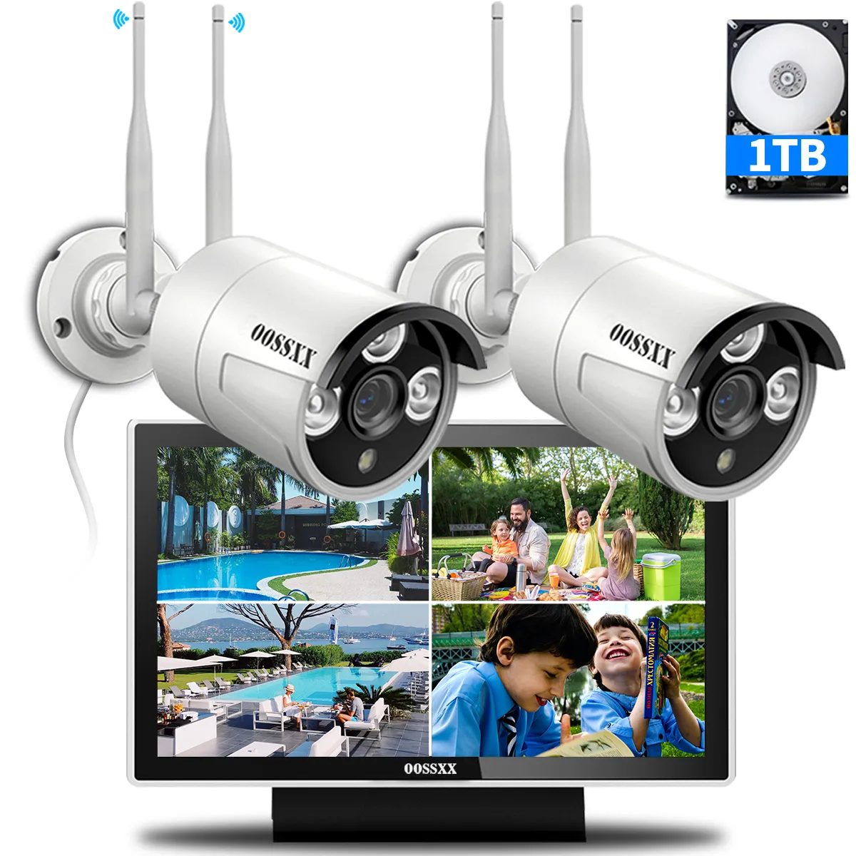 (All-in-One Monitor) 2-Antennas Enchance Outdoor Security Camera System Wireless with Monitor WiFi Home Surveillance System 3.0MP Video Surveillance