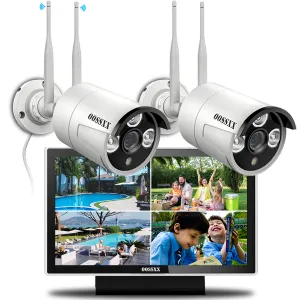 (All-in-One Monitor) 2-Antennas Enchance Outdoor Security Camera System Wireless with Monitor WiFi Home Surveillance System 3.0MP Video Surveillance