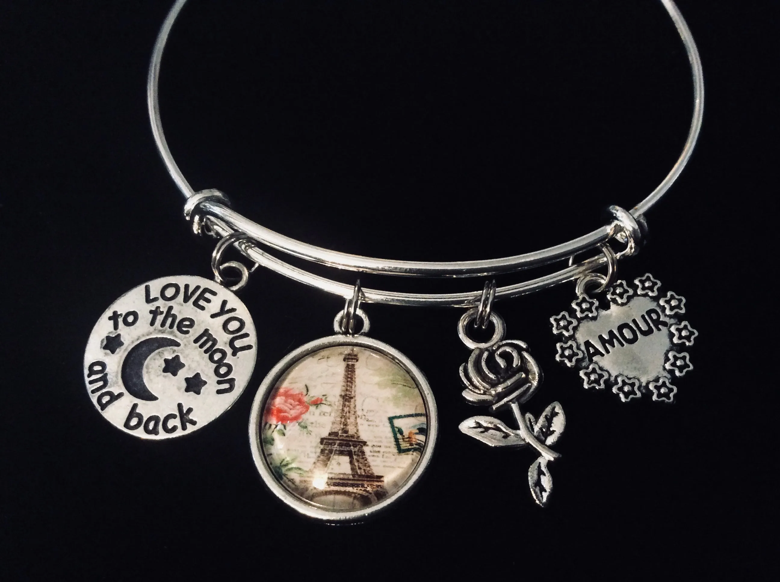 Amour Paris I Love you to the Moon and Back Silver Expandable Charm Bracelet Adjustable Wire Bangle Gift
