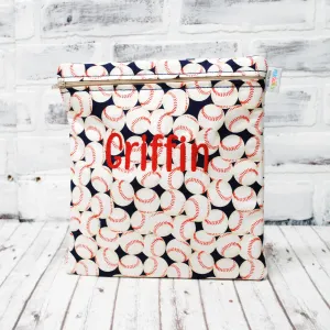 Baseballs on Navy Personalized Reusable Food Bag