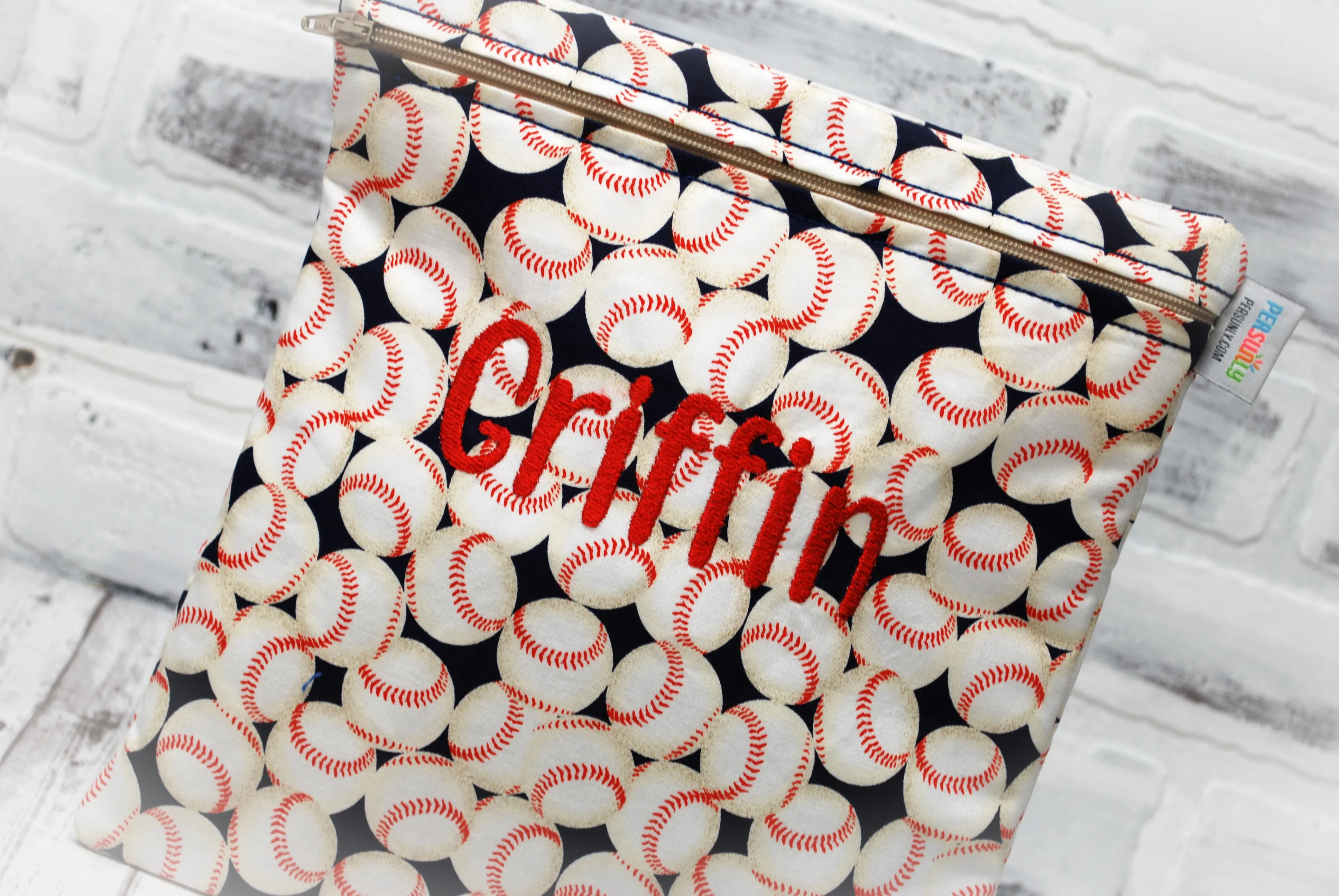 Baseballs on Navy Personalized Reusable Food Bag