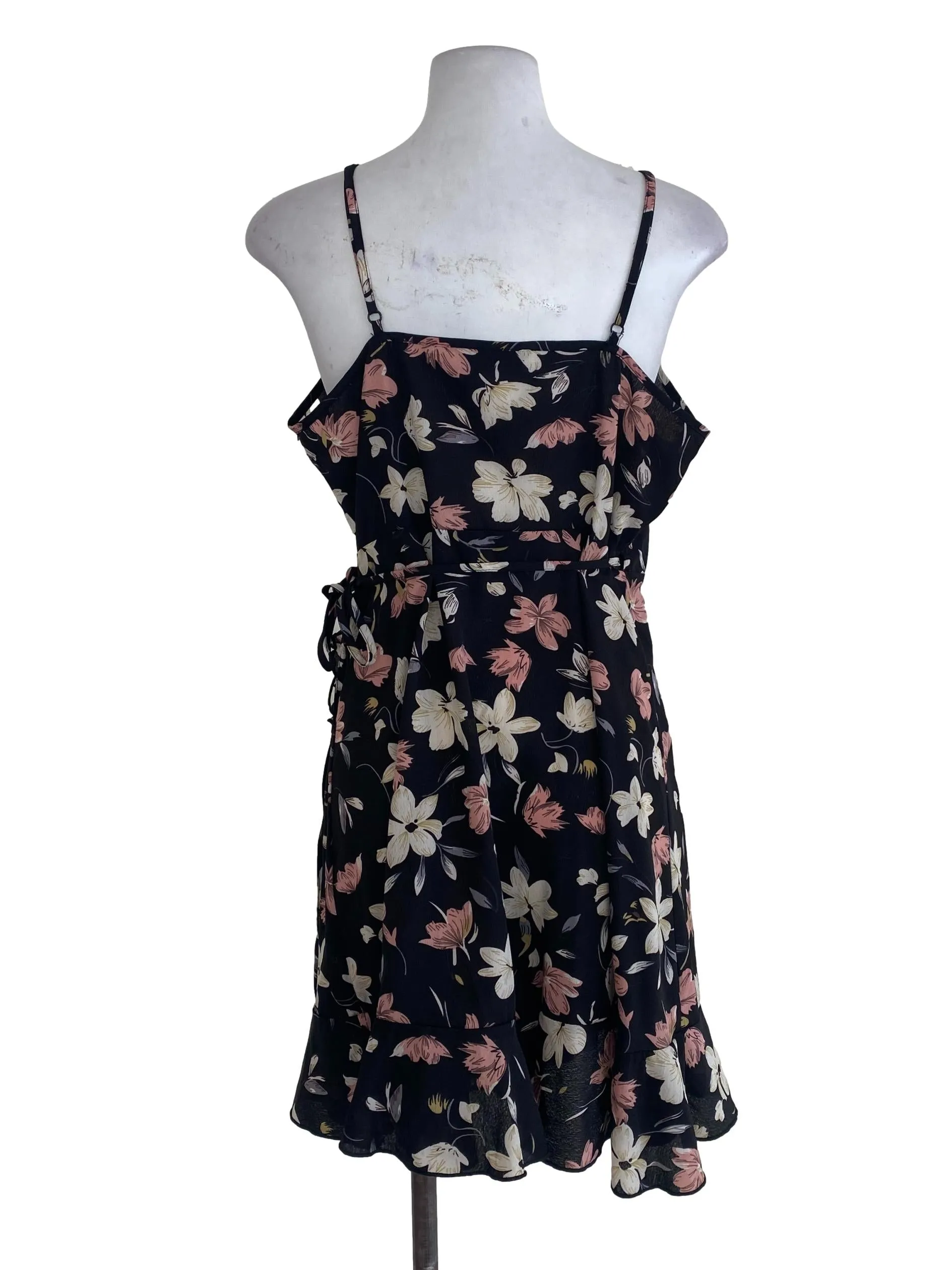 Black Floral Mini Wrap Dress