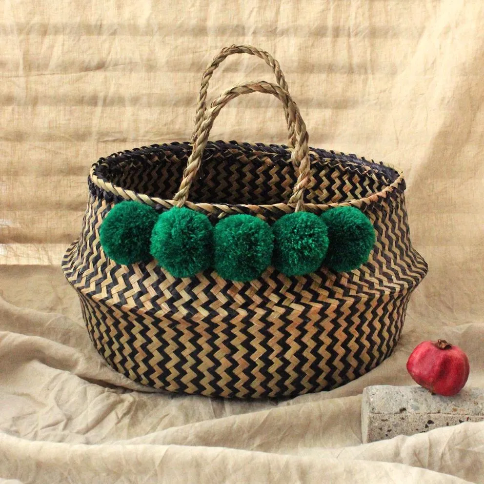 Borneo Extra Wide Zig-zag Belly basket - with Emerald Green Pom-poms
