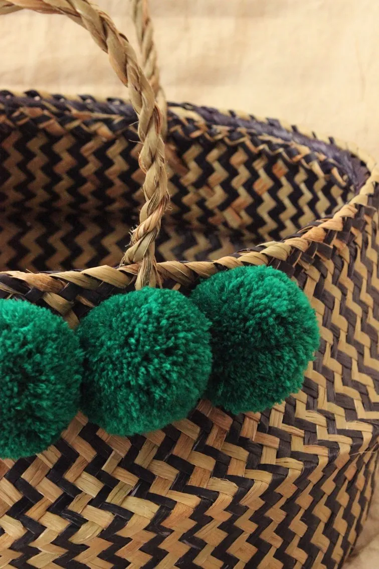 Borneo Extra Wide Zig-zag Belly basket - with Emerald Green Pom-poms