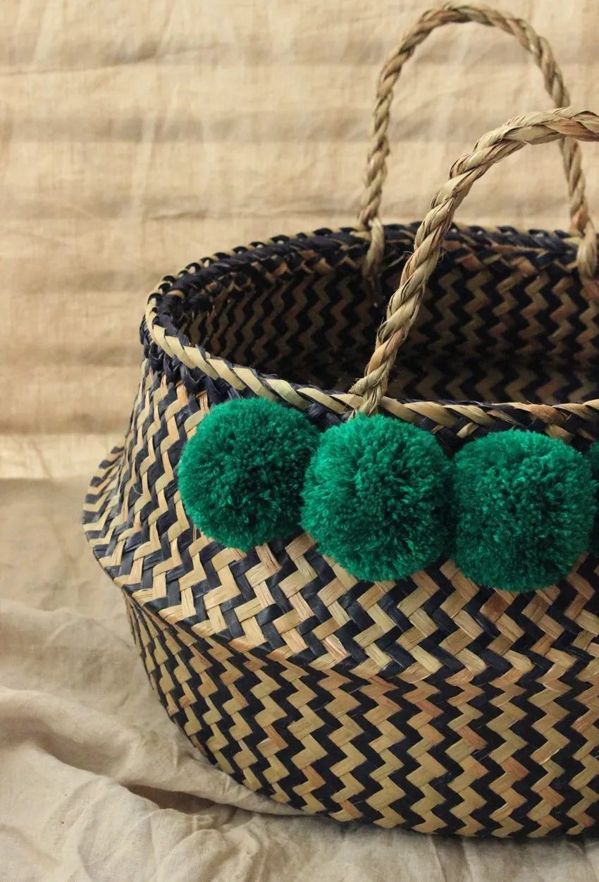 Borneo Extra Wide Zig-zag Belly basket - with Emerald Green Pom-poms