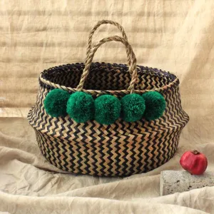Borneo Extra Wide Zig-zag Belly basket - with Emerald Green Pom-poms