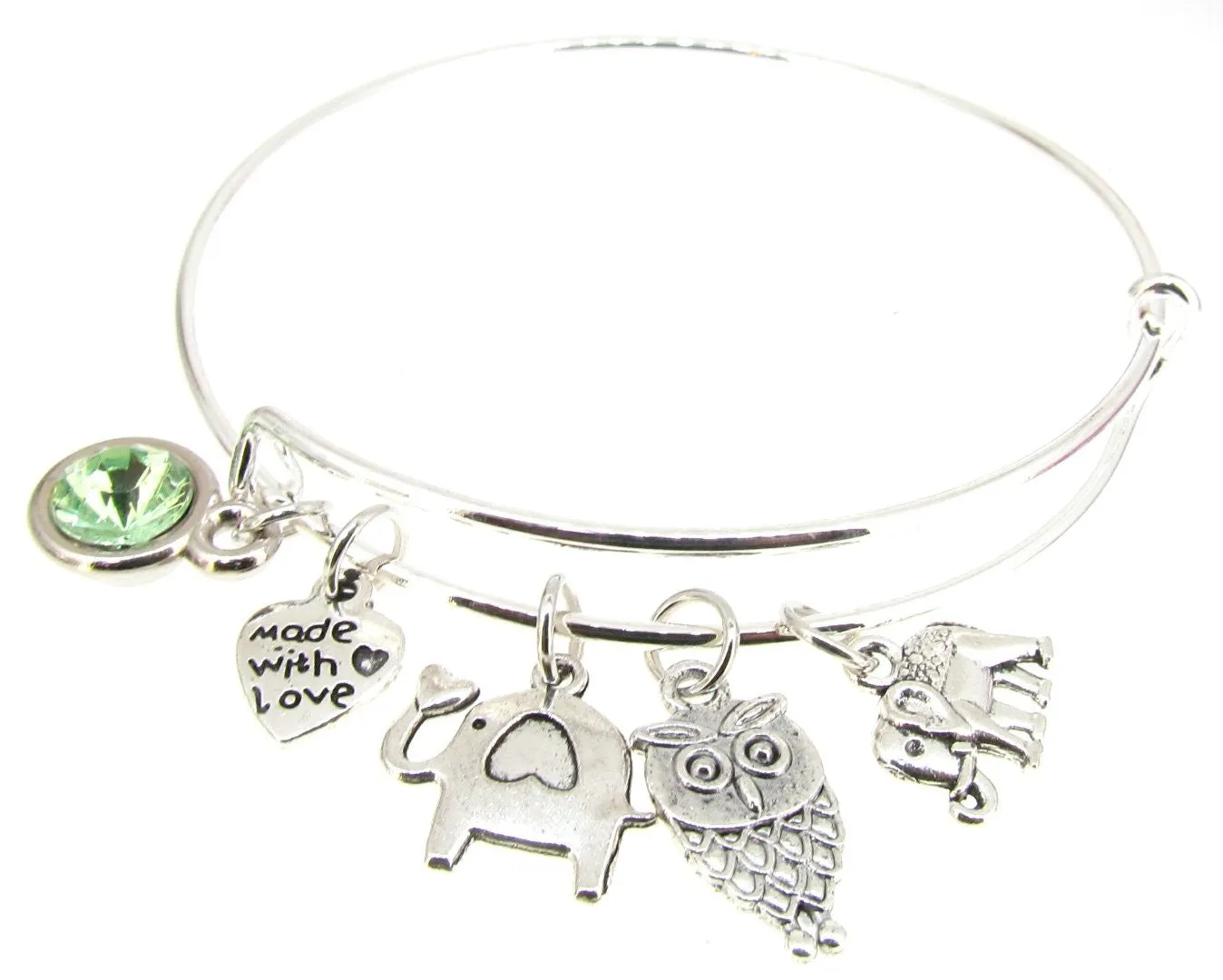 Bracelet Silver Plate Expandable Bangle Elephants Faux Peridot Owl Heart