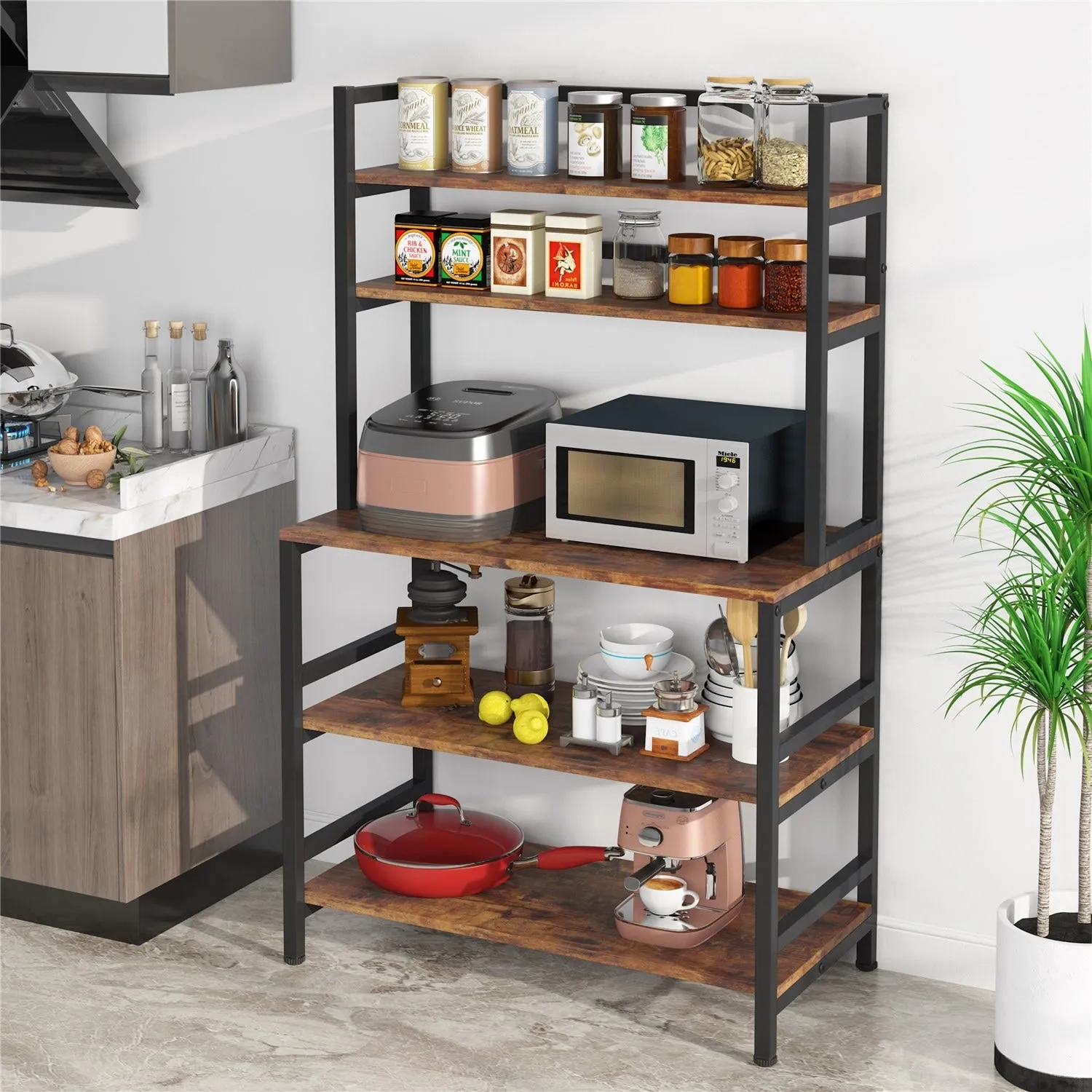 Brown/Black 5-Tier Industrial Kitchen Bakers Rack Microwave Stand, Kitchen Utility Storage Shelf