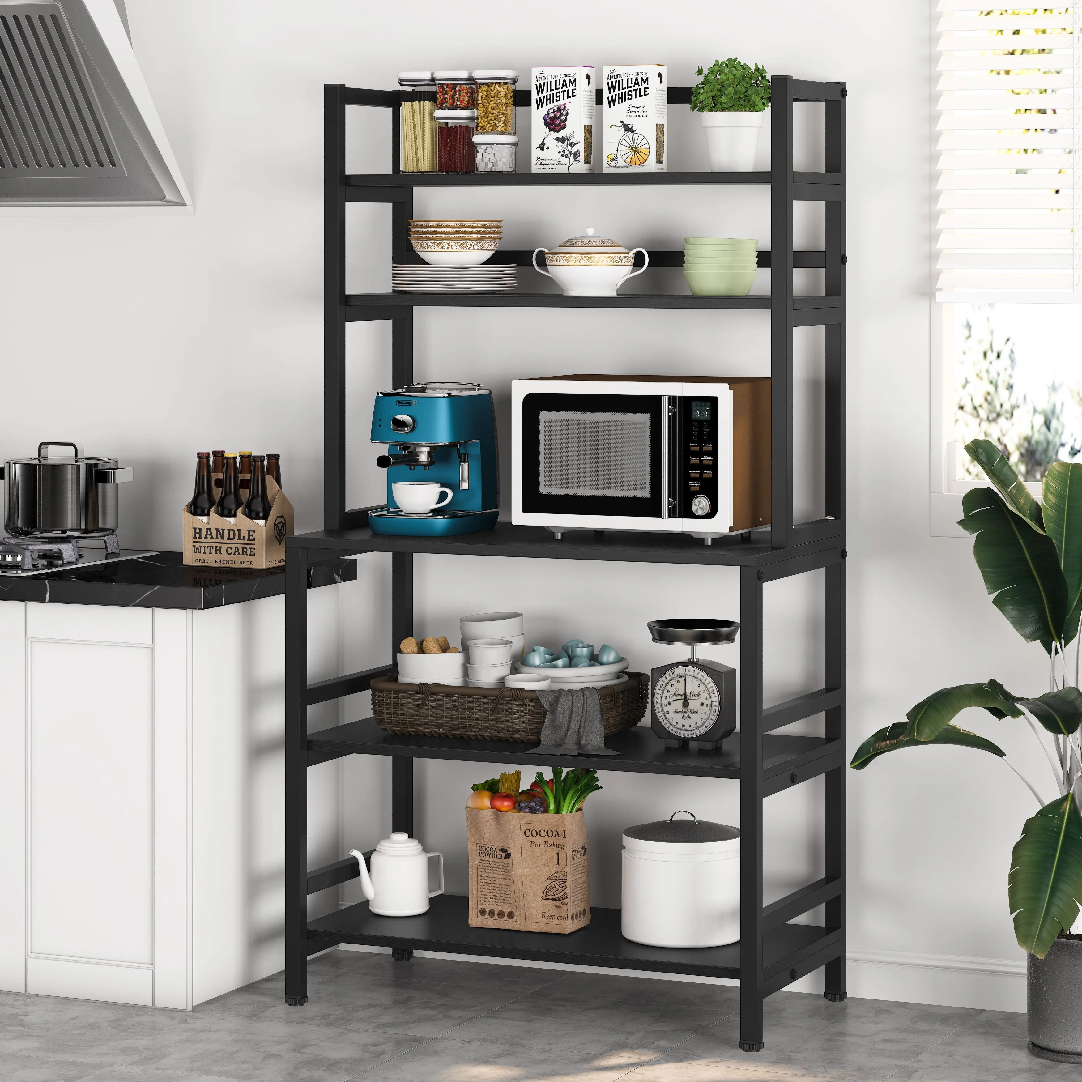 Brown/Black 5-Tier Industrial Kitchen Bakers Rack Microwave Stand, Kitchen Utility Storage Shelf