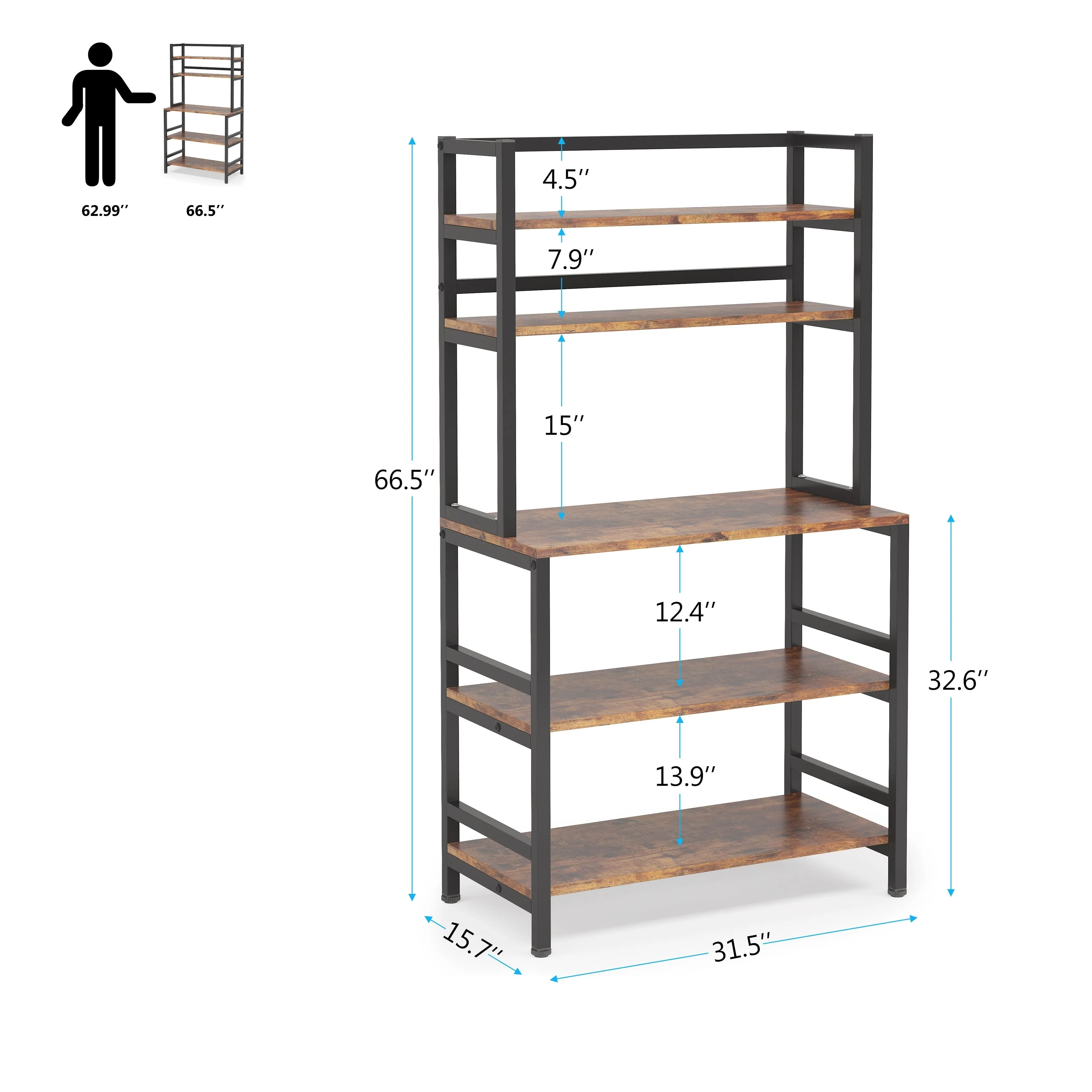 Brown/Black 5-Tier Industrial Kitchen Bakers Rack Microwave Stand, Kitchen Utility Storage Shelf