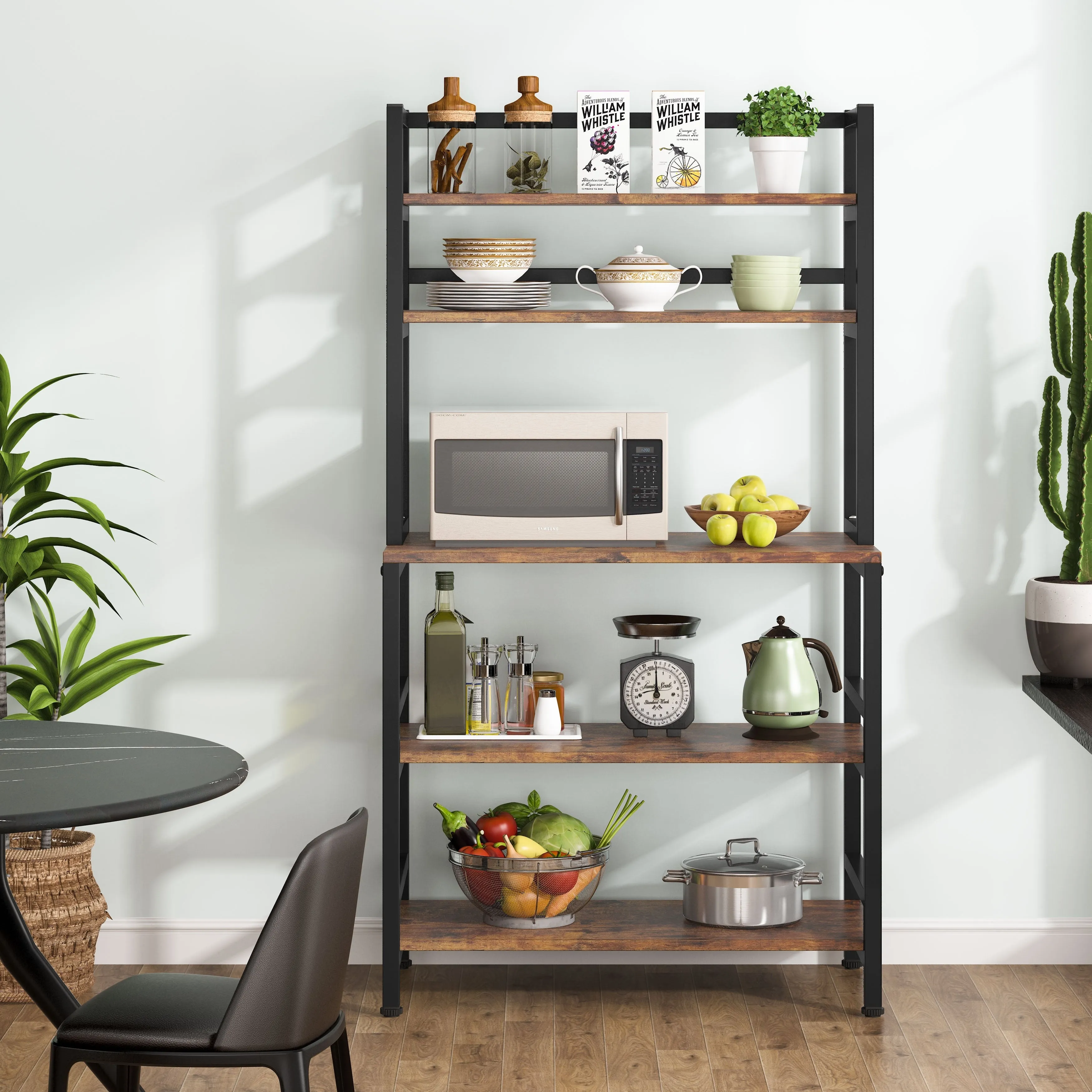 Brown/Black 5-Tier Industrial Kitchen Bakers Rack Microwave Stand, Kitchen Utility Storage Shelf