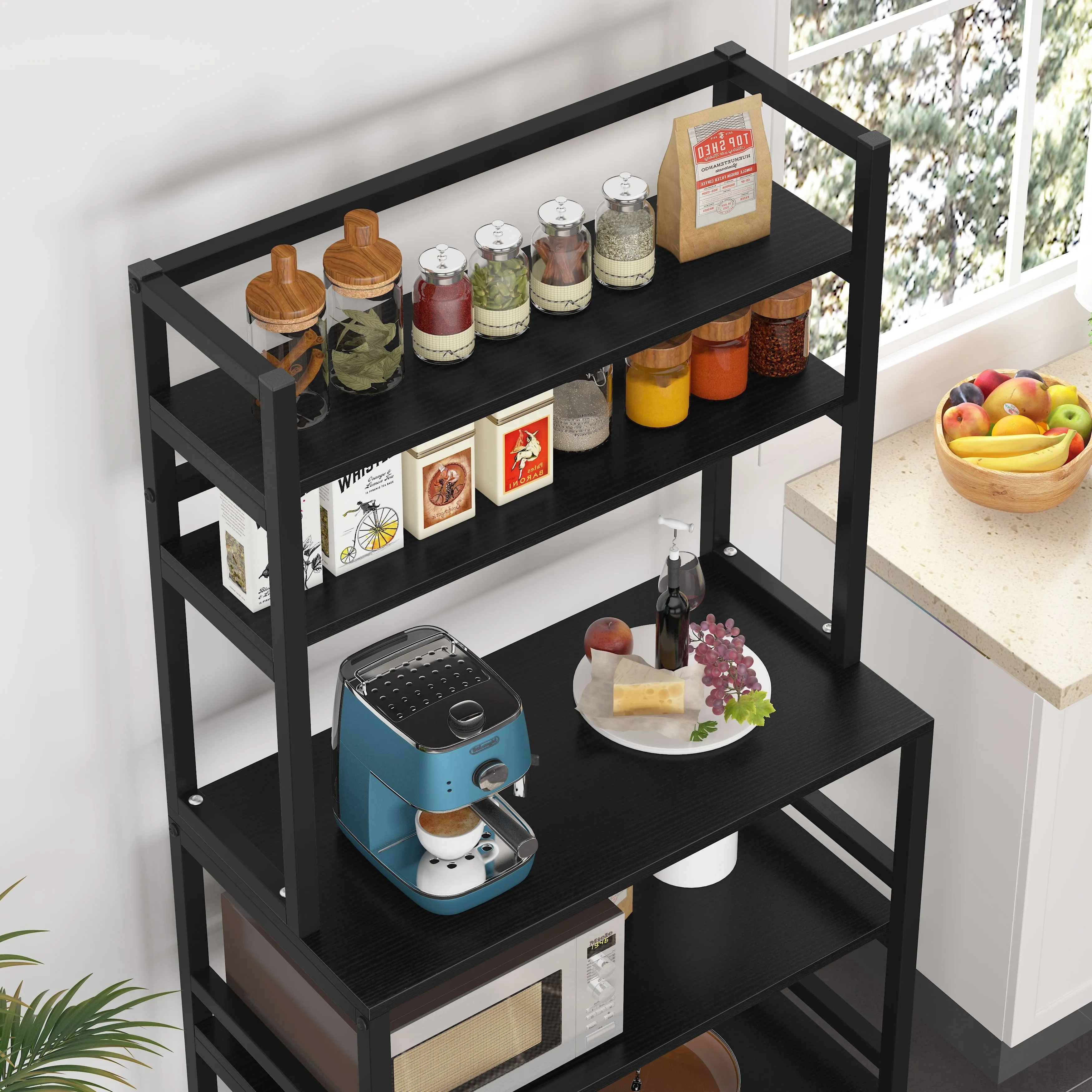 Brown/Black 5-Tier Industrial Kitchen Bakers Rack Microwave Stand, Kitchen Utility Storage Shelf