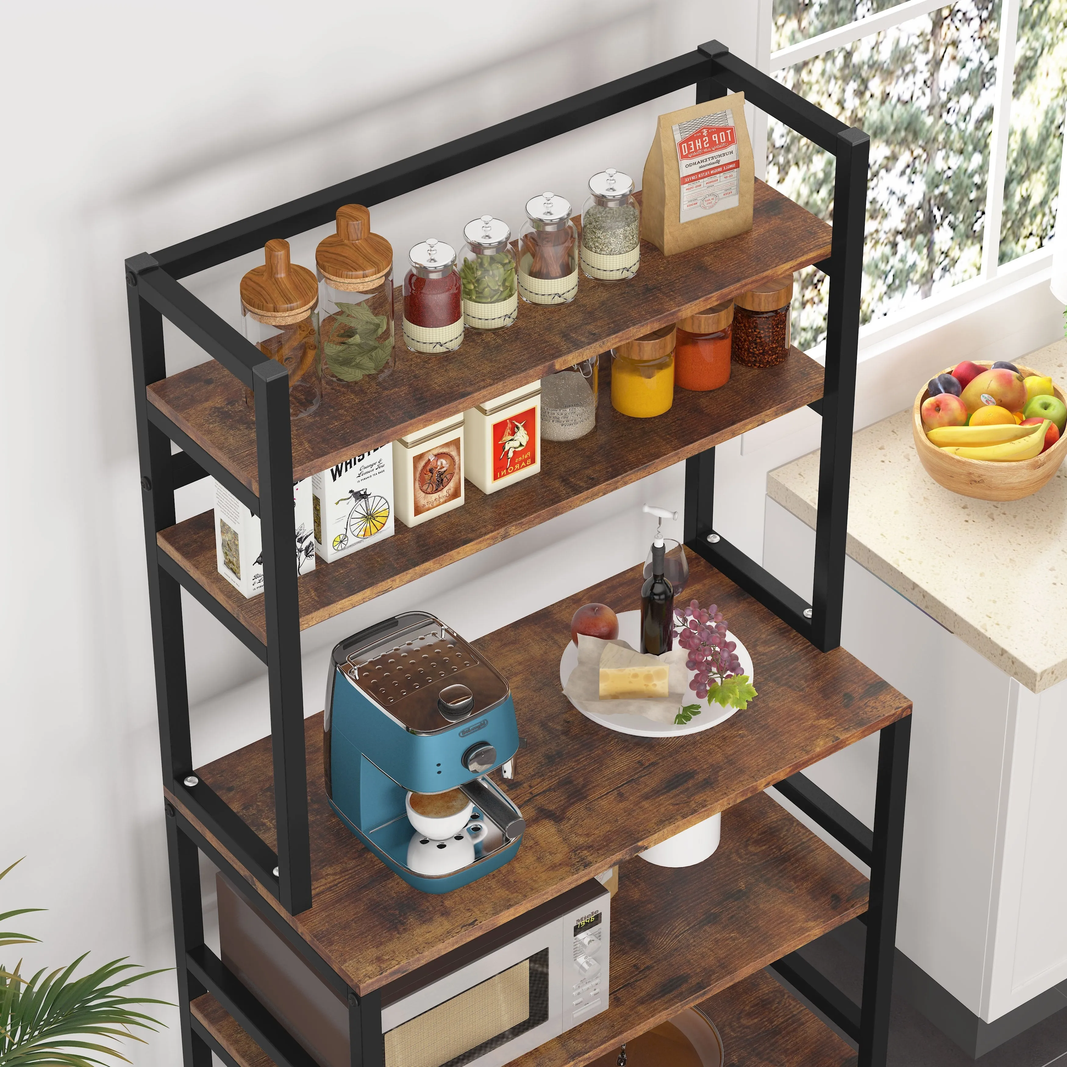 Brown/Black 5-Tier Industrial Kitchen Bakers Rack Microwave Stand, Kitchen Utility Storage Shelf