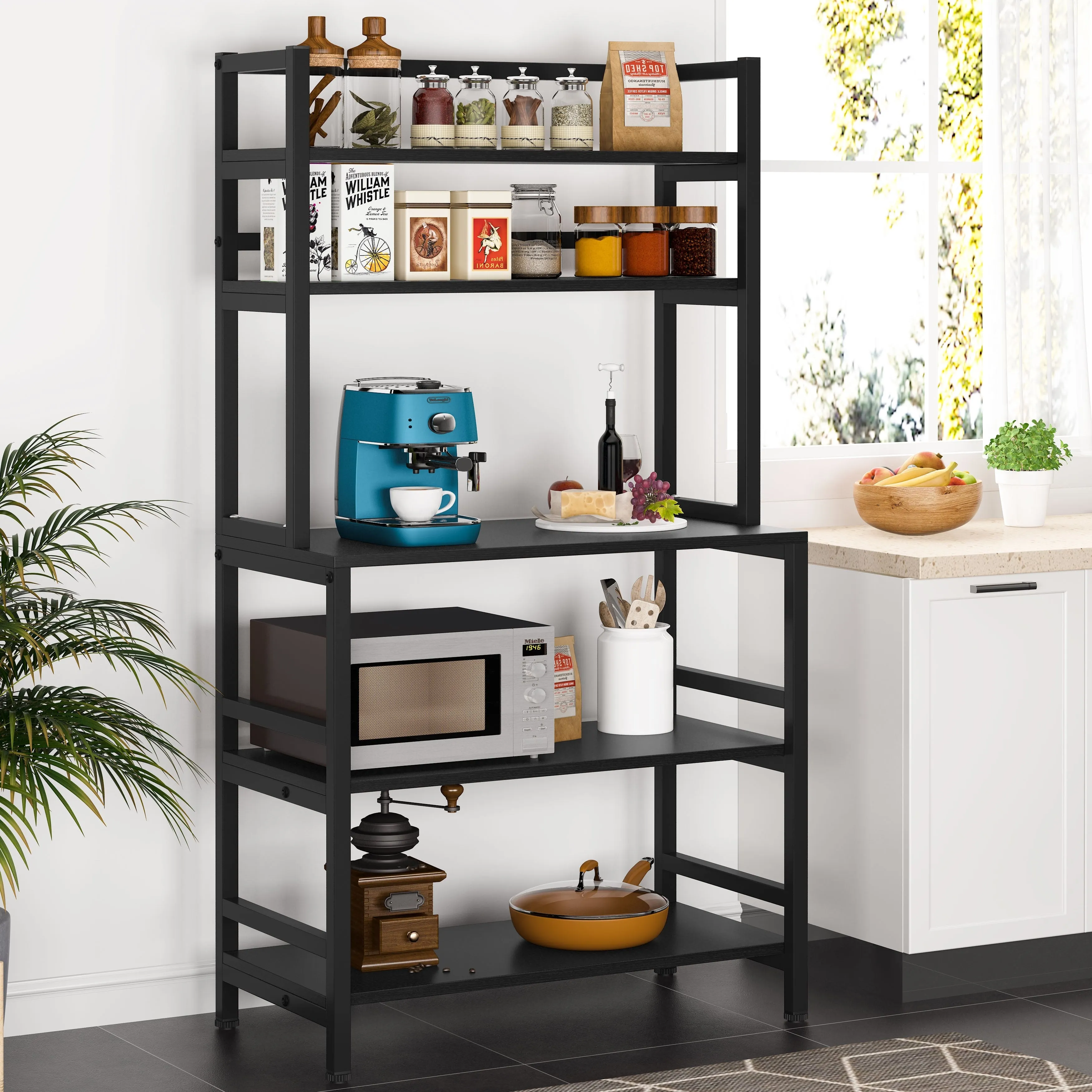 Brown/Black 5-Tier Industrial Kitchen Bakers Rack Microwave Stand, Kitchen Utility Storage Shelf