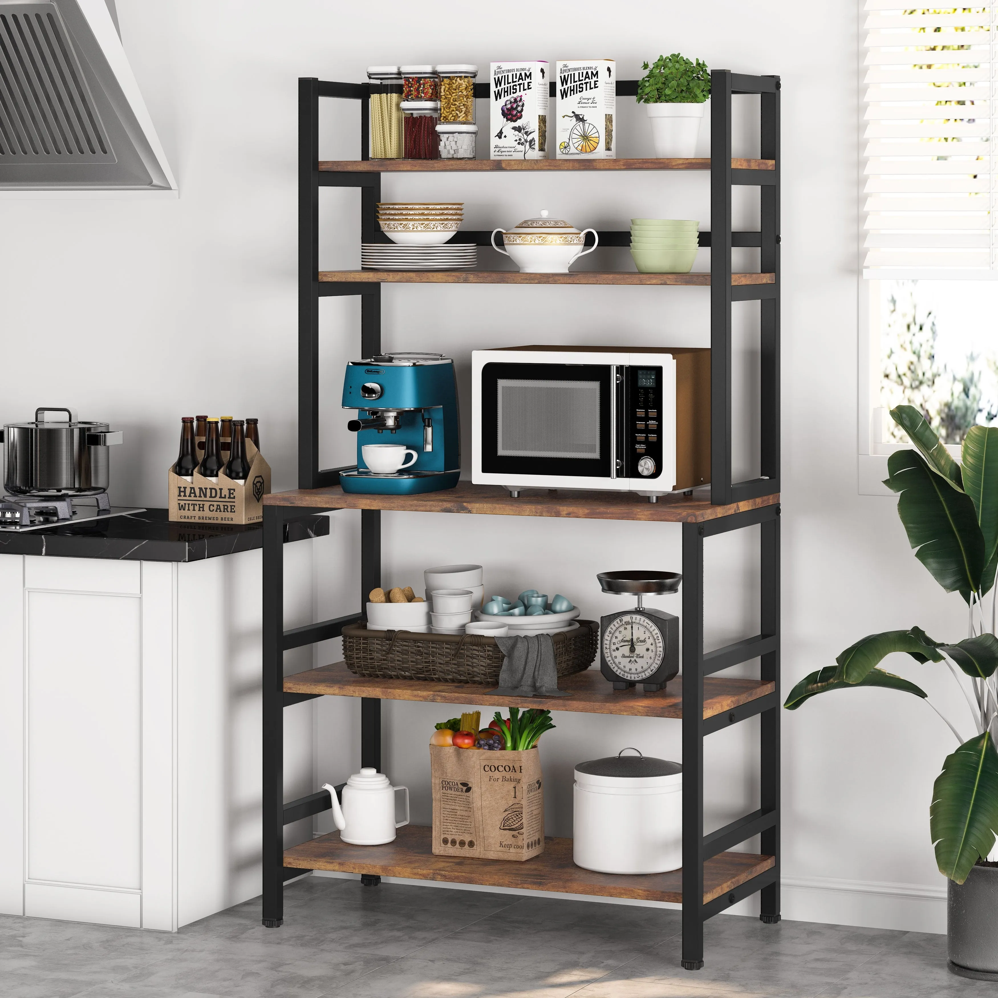 Brown/Black 5-Tier Industrial Kitchen Bakers Rack Microwave Stand, Kitchen Utility Storage Shelf
