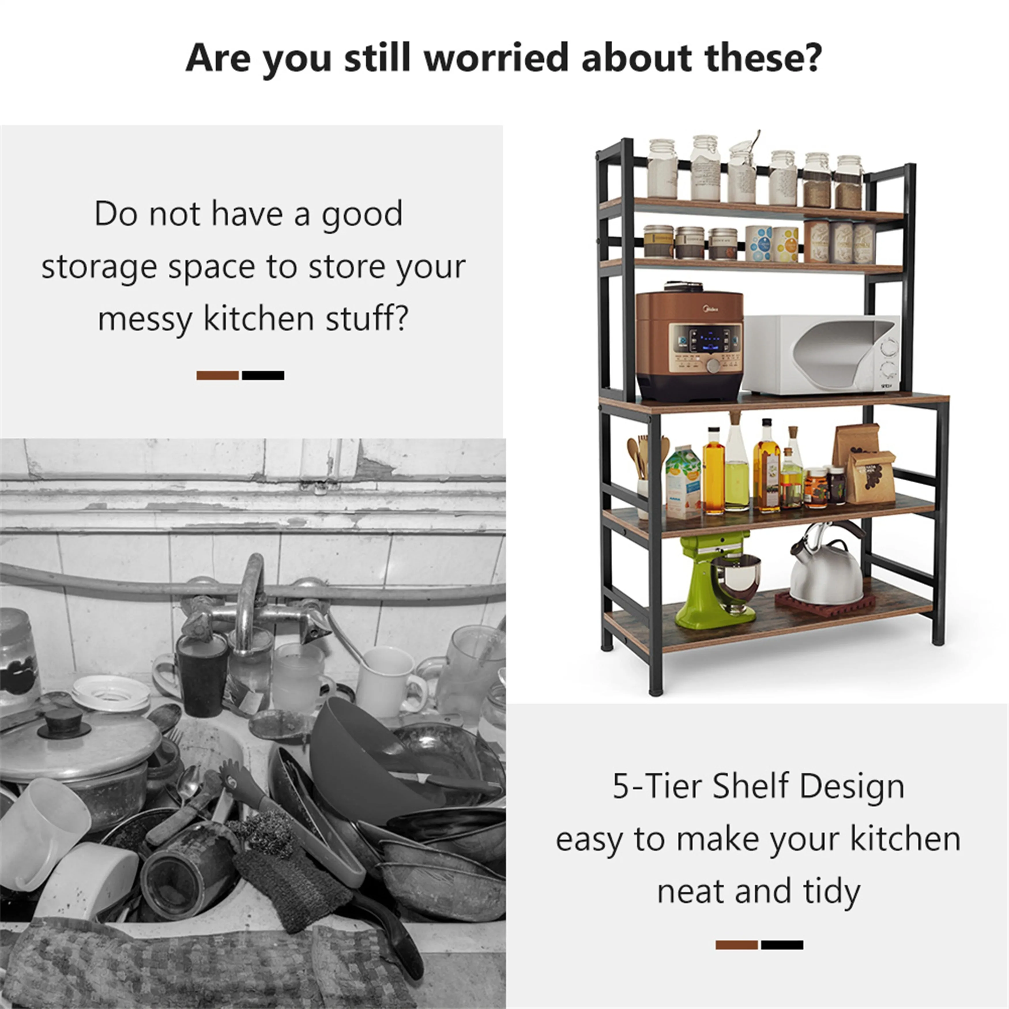 Brown/Black 5-Tier Industrial Kitchen Bakers Rack Microwave Stand, Kitchen Utility Storage Shelf