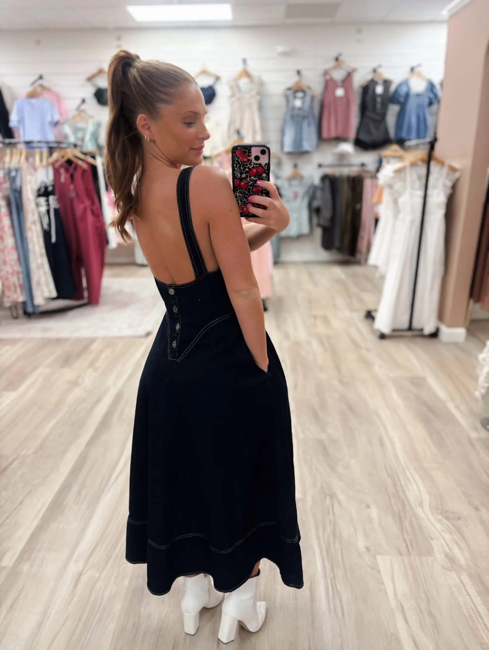 Buckle Strap Corset Denim Indigo Midi Dress