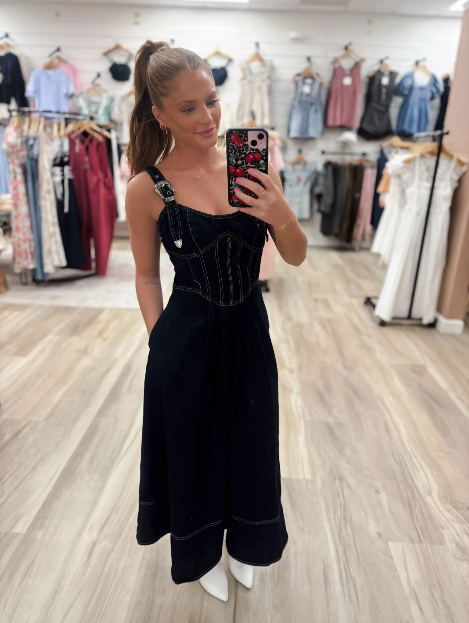 Buckle Strap Corset Denim Indigo Midi Dress