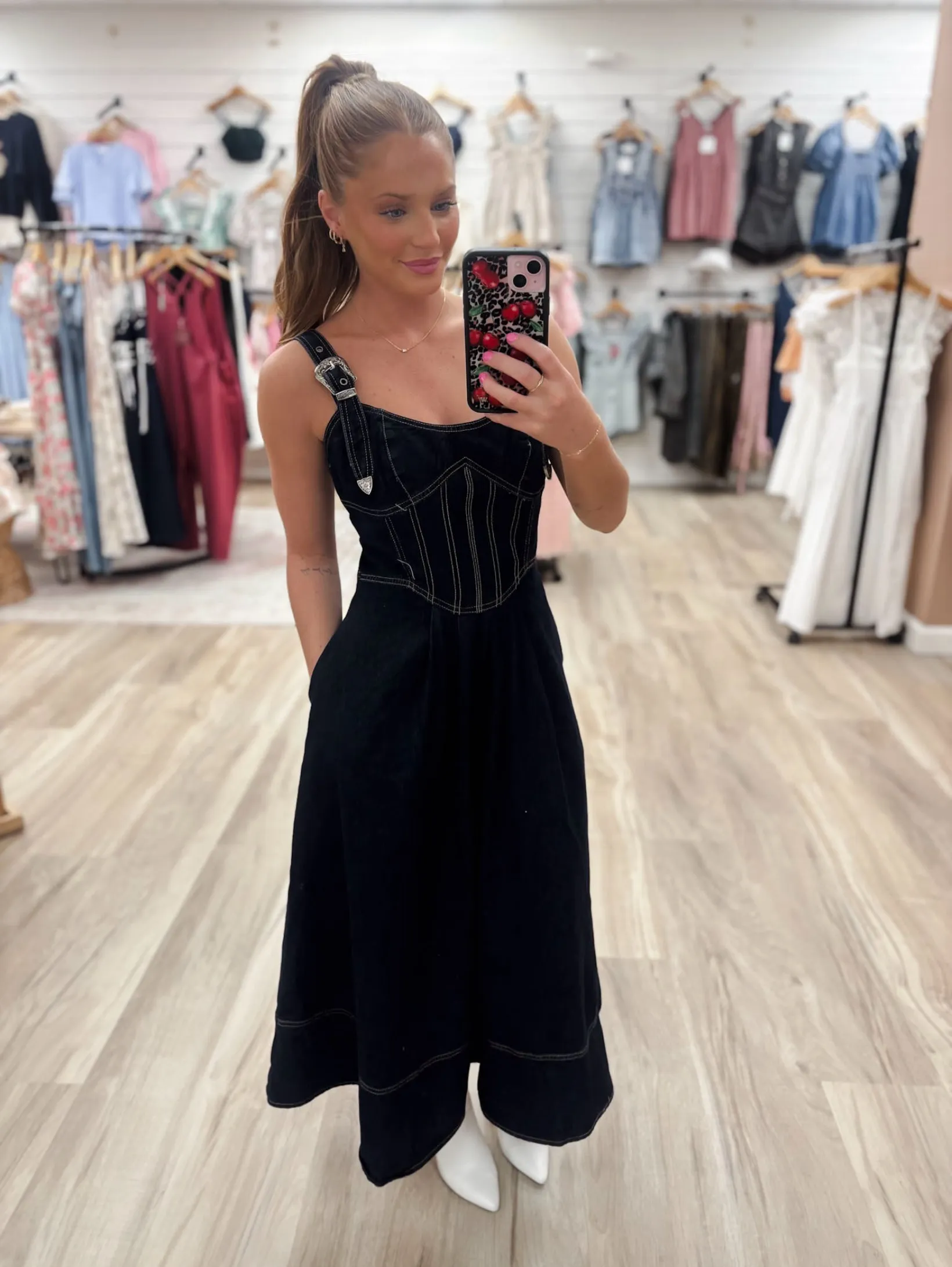 Buckle Strap Corset Denim Indigo Midi Dress