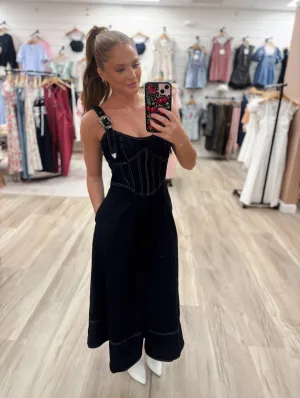 Buckle Strap Corset Denim Indigo Midi Dress