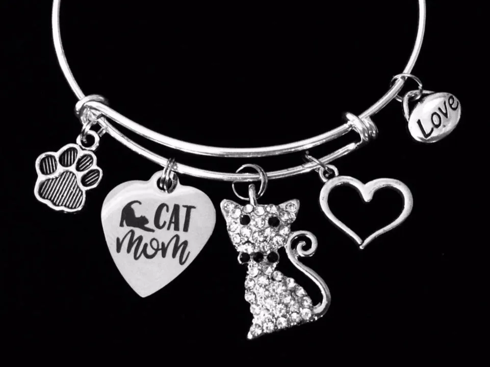 Cat Mom Charm Bracelet Crystal Cat Silver Expandable Adjustable Bangle Cat Lover Jewelry One Size Fits All Gift