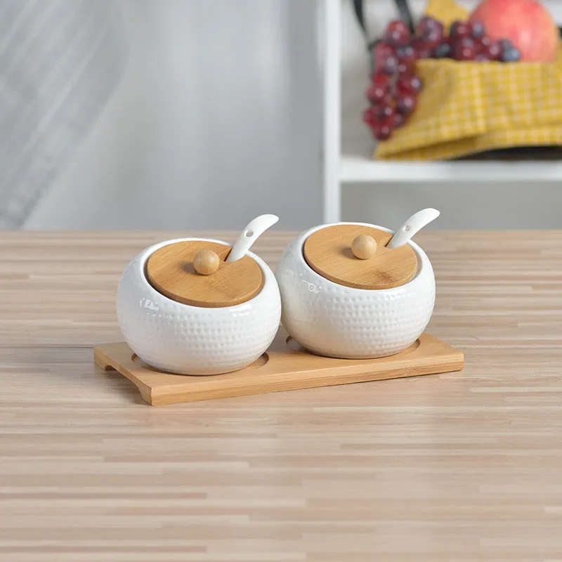 Ceramic Condiment Storage Jar with Bamboo Tray
