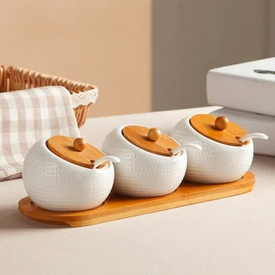 Ceramic Condiment Storage Jar with Bamboo Tray