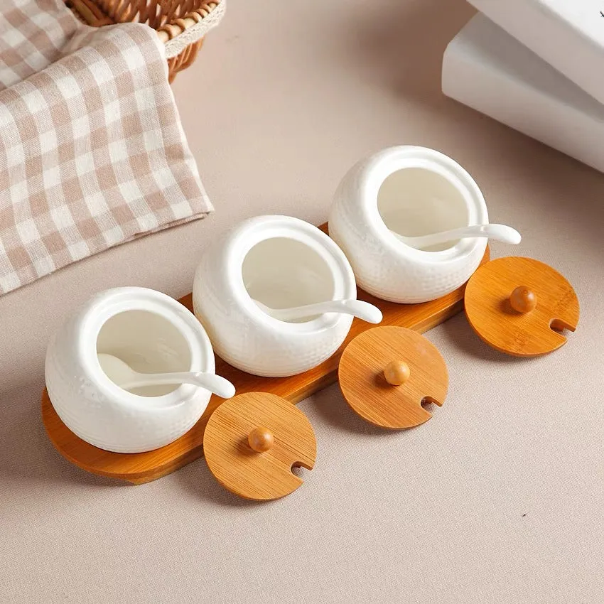 Ceramic Condiment Storage Jar with Bamboo Tray