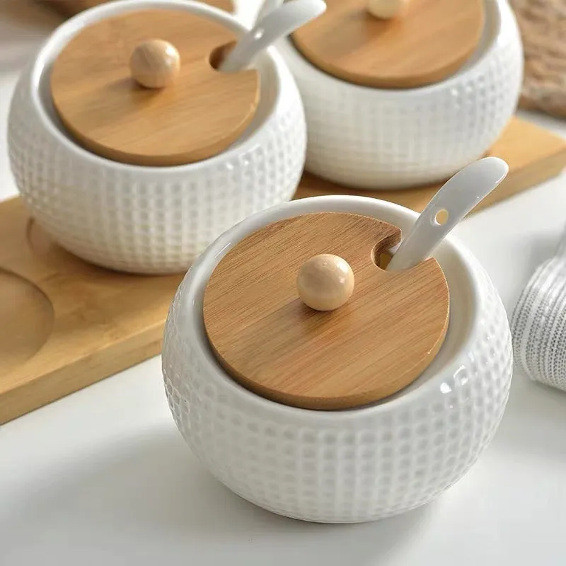 Ceramic Condiment Storage Jar with Bamboo Tray